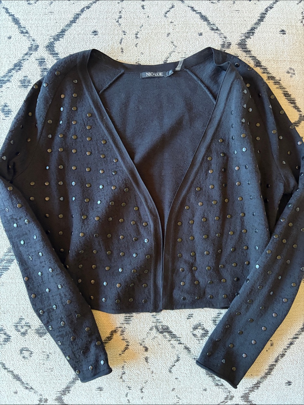 Nic + Zoe Unique Studded Black on Black Cardigan Textured Knit Sweater, Size M